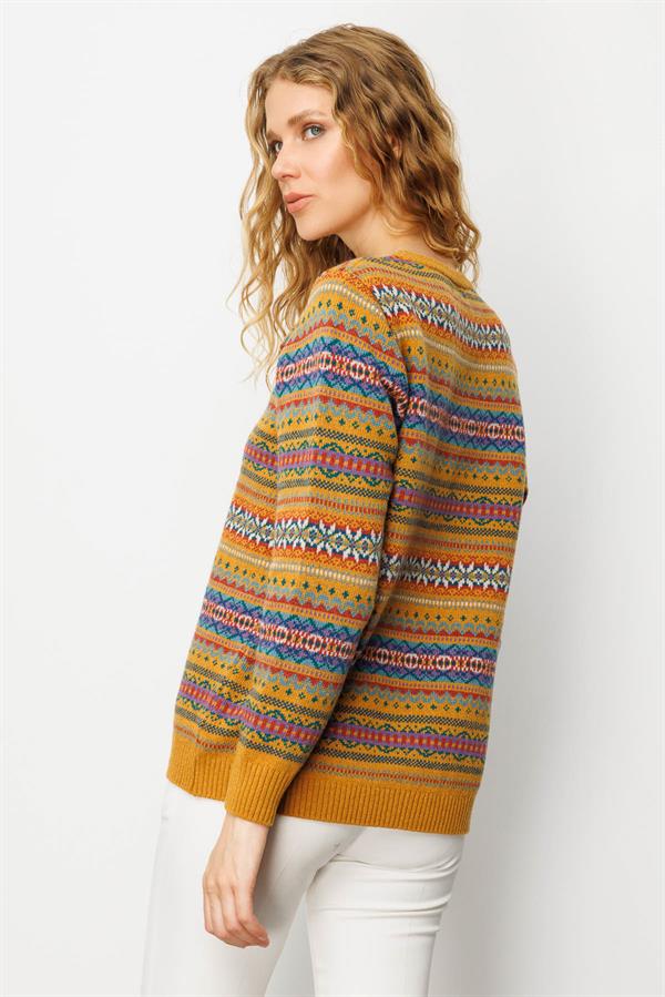 Kadın Sıfır Yaka Komple Jakarlı Yün Kazak Hardal