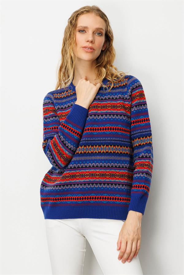 Kadın Sıfır Yaka Komple Jakarlı Yün Kazak K.S.Mavi