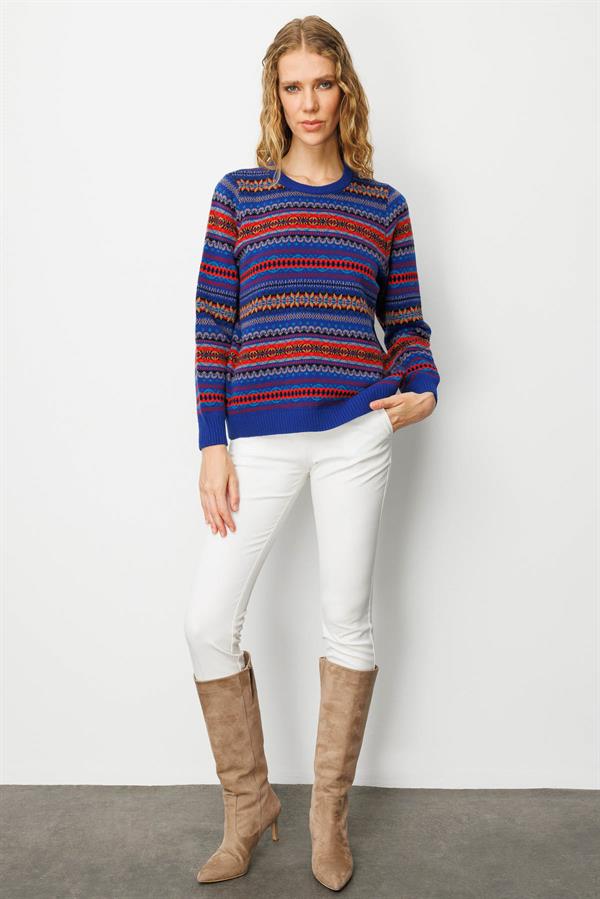 Kadın Sıfır Yaka Komple Jakarlı Yün Kazak K.S.Mavi