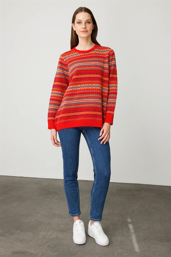 Kadın Sıfır Yaka Komple Jakarlı Yün Kazak Mercan