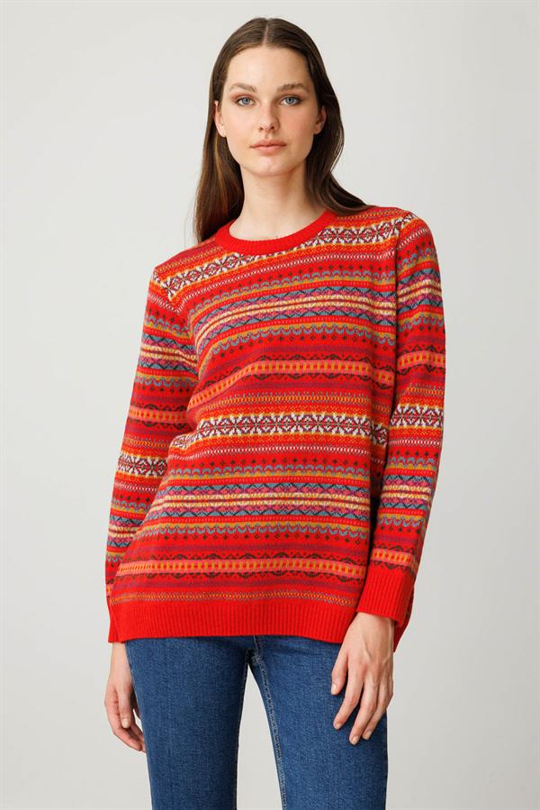 Kadın Sıfır Yaka Komple Jakarlı Yün Kazak Mercan