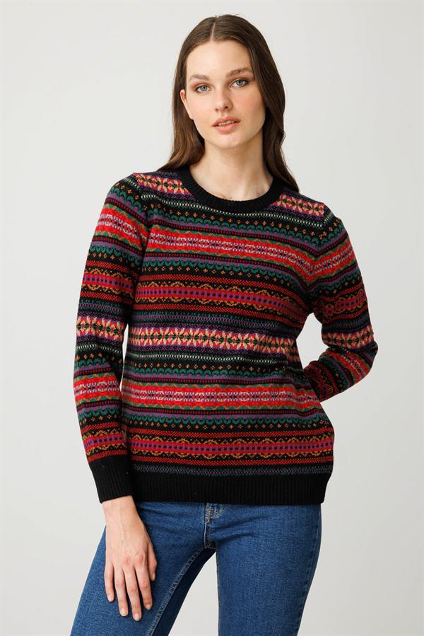 Kadın Sıfır Yaka Komple Jakarlı Yün Kazak Siyah