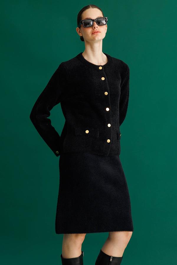 Kadın Metal Düğmeli Afrodit Kısa Ceket Siyah