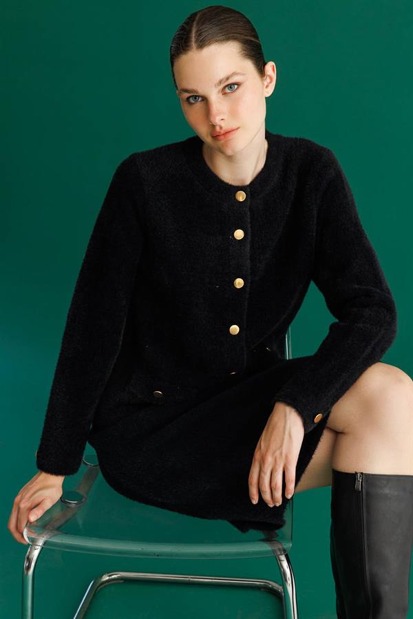 Kadın Metal Düğmeli Afrodit Kısa Ceket Siyah