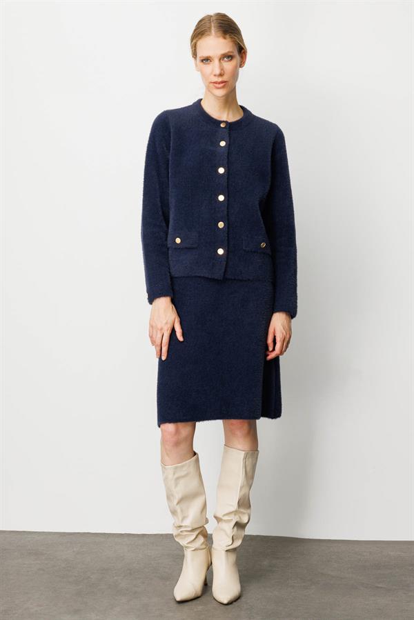 Kadın Metal Düğmeli Afrodit Kısa Ceket Lacivert