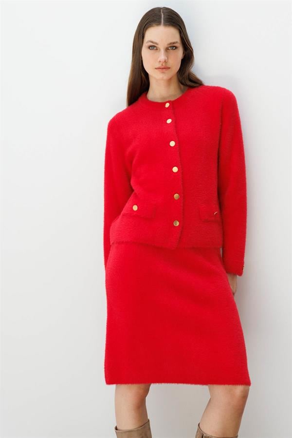 Kadın Metal Düğmeli Afrodit Kısa Ceket Y.Kırmızı