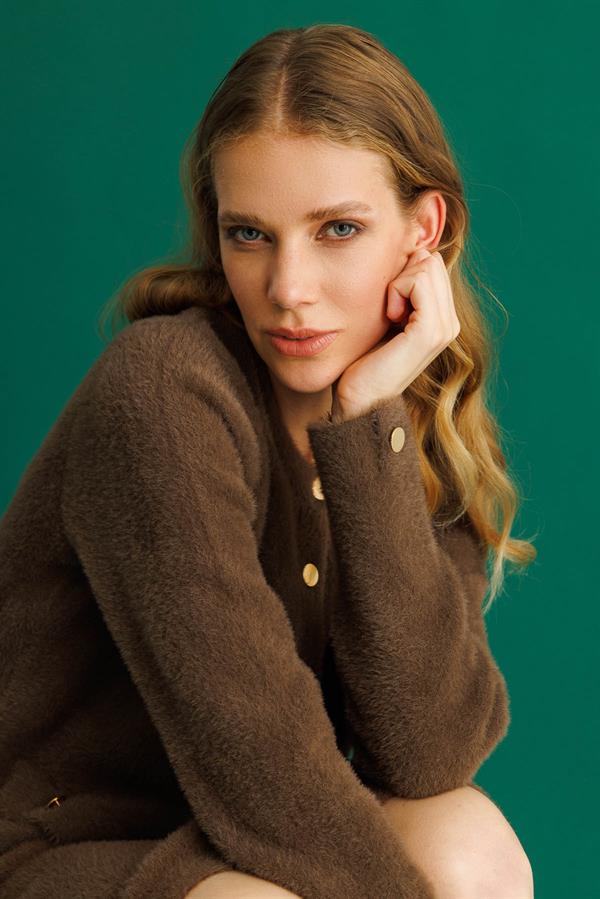 Kadın Metal Düğmeli Afrodit Kısa Ceket Kahve