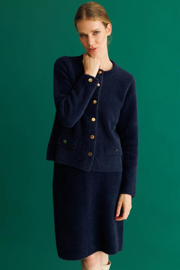 Kadın Metal Düğmeli Afrodit Kısa Ceket Lacivert