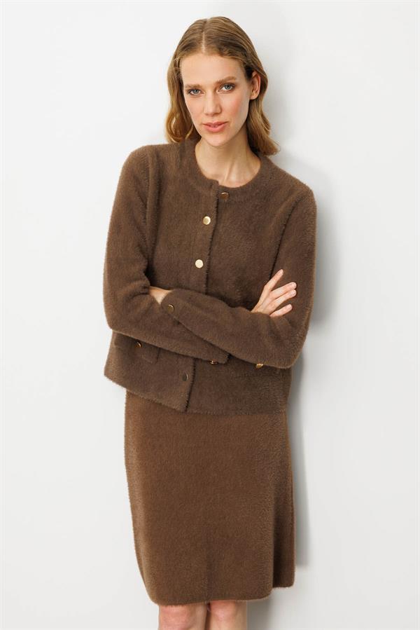 Kadın Metal Düğmeli Afrodit Kısa Ceket Kahve