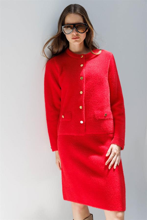 Kadın Metal Düğmeli Afrodit Kısa Ceket Y.Kırmızı