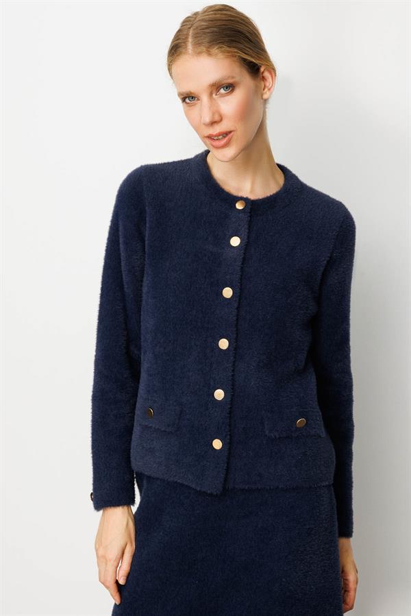 Kadın Metal Düğmeli Afrodit Kısa Ceket Lacivert