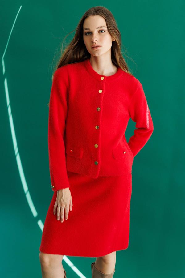 Kadın Metal Düğmeli Afrodit Kısa Ceket Y.Kırmızı