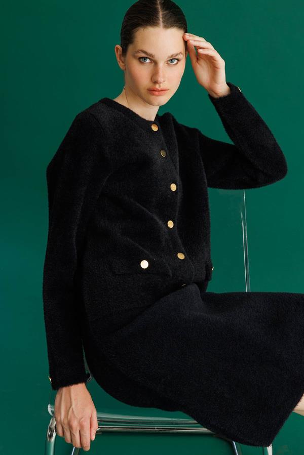 Kadın Metal Düğmeli Afrodit Kısa Ceket Siyah