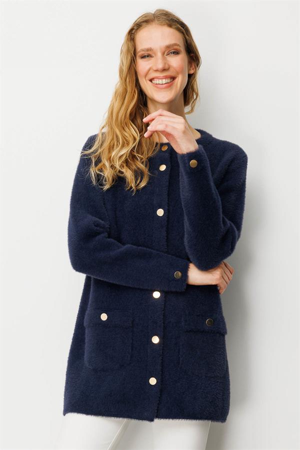 Kadın Sıfır Yaka Metal Düğmeli Ceket Lacivert