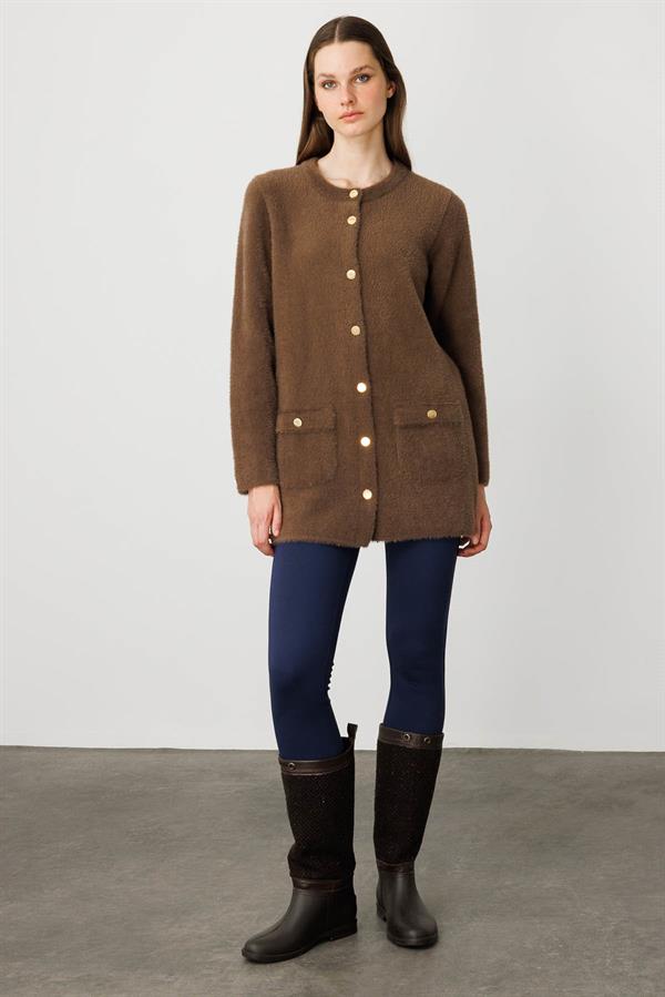 Kadın Sıfır Yaka Metal Düğmeli Ceket Kahve