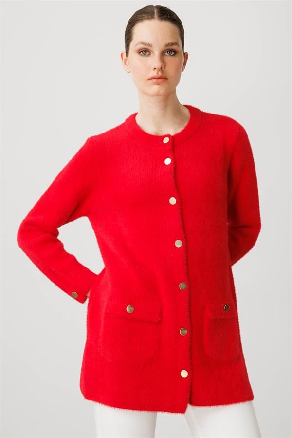 Kadın Sıfır Yaka Metal Düğmeli Ceket Y.Kırmızı