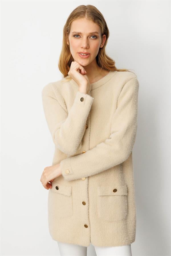 Kadın Sıfır Yaka Metal Düğmeli Ceket Bej