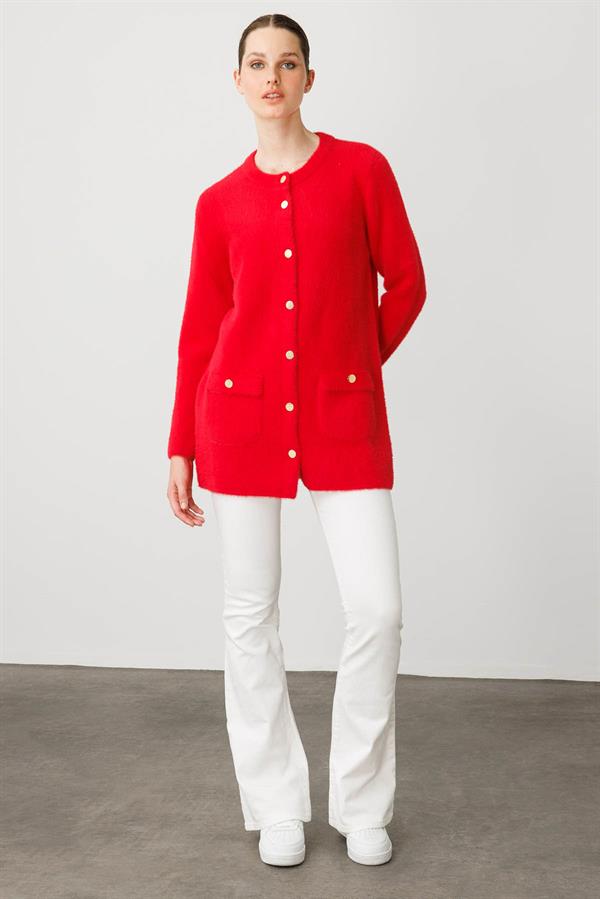 Kadın Sıfır Yaka Metal Düğmeli Ceket Y.Kırmızı