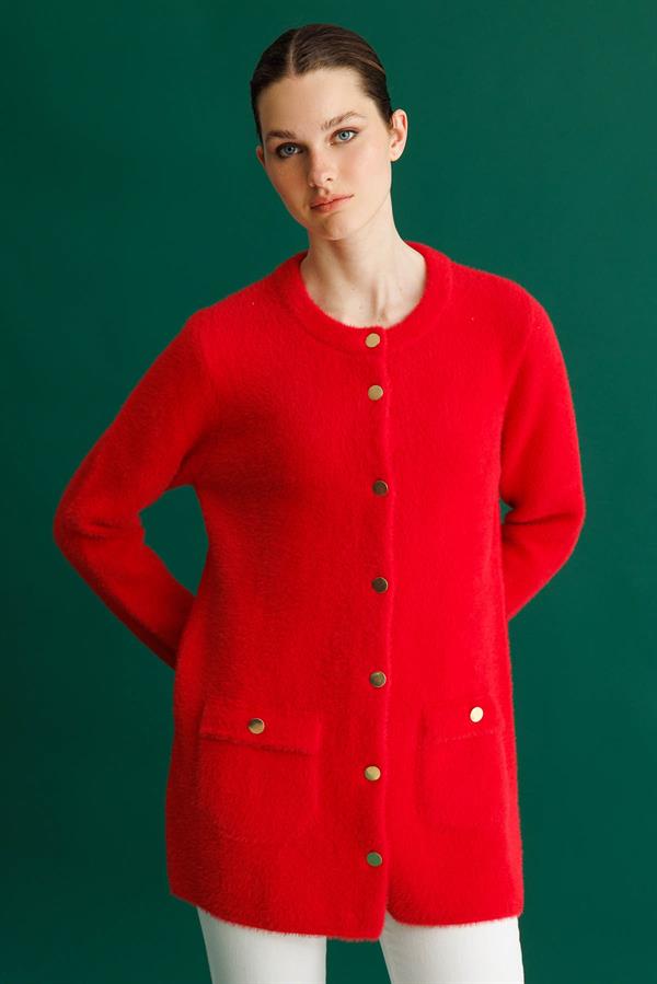 Kadın Sıfır Yaka Metal Düğmeli Ceket Y.Kırmızı