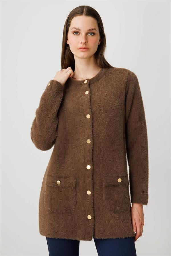 Kadın Sıfır Yaka Metal Düğmeli Ceket Kahve