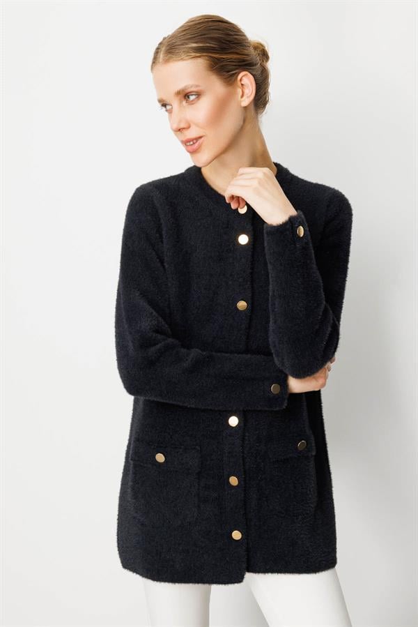 Kadın Sıfır Yaka Metal Düğmeli Ceket Siyah