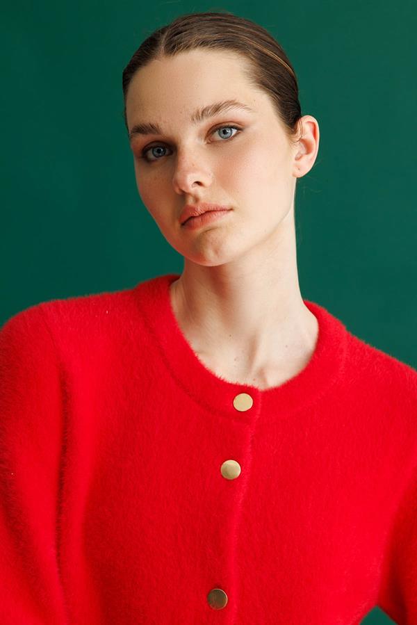 Kadın Sıfır Yaka Metal Düğmeli Ceket Y.Kırmızı