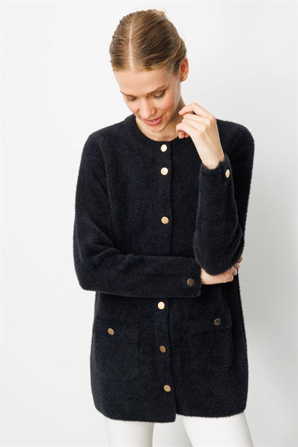 Kadın Sıfır Yaka Metal Düğmeli Ceket Siyah