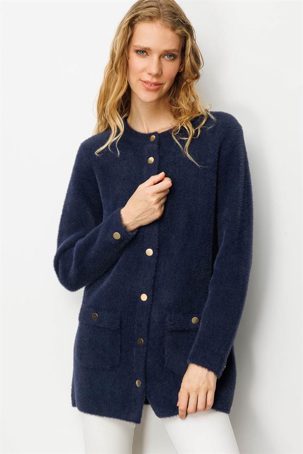 Kadın Sıfır Yaka Metal Düğmeli Ceket Lacivert