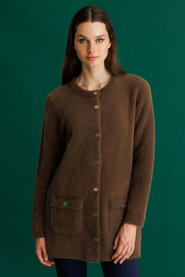 Kadın Sıfır Yaka Metal Düğmeli Ceket Kahve