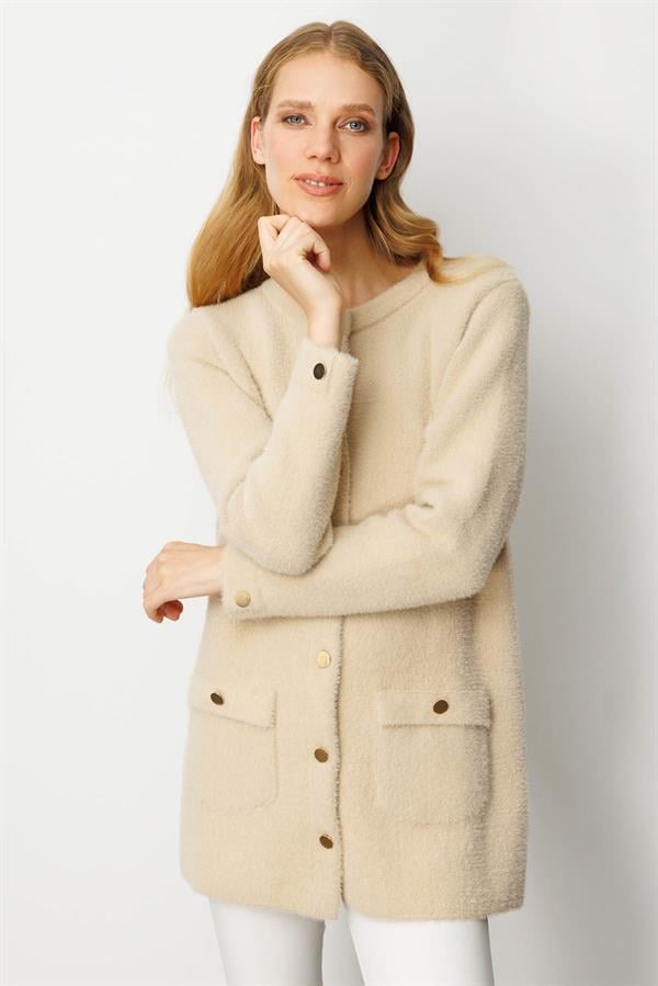 Kadın Sıfır Yaka Metal Düğmeli Ceket Bej