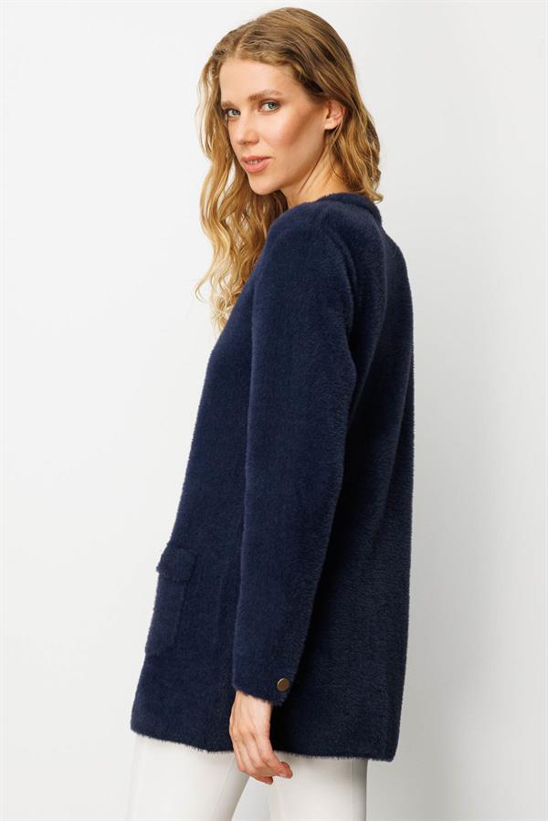 Kadın Sıfır Yaka Metal Düğmeli Ceket Lacivert