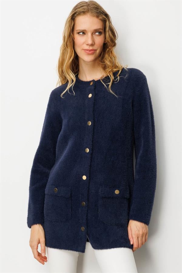 Kadın Sıfır Yaka Metal Düğmeli Ceket Lacivert