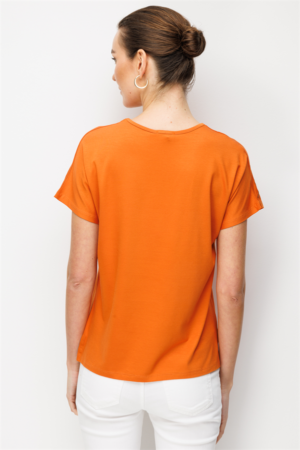 Kadın Sıfır Yaka Nakış İşlemeli Düşük Kollu Penye T-shirt Turuncu