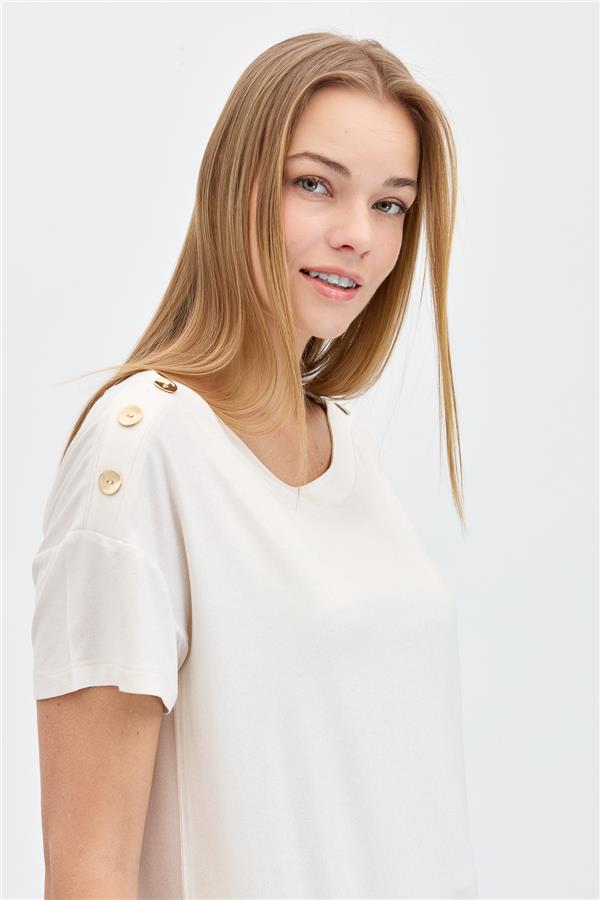 Женская футболка с круглым вырезом и пуговицами на плечах