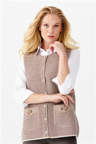 Женский жилет на пуговицах с круглым вырезом и карманом на плече с отделкой, бежевый 