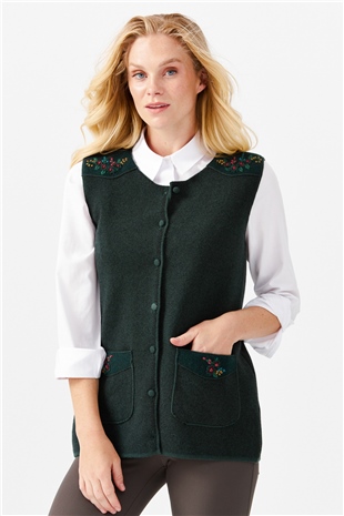Женский жилет на пуговицах с круглым вырезом и карманом на плече с отделкой, зеленый