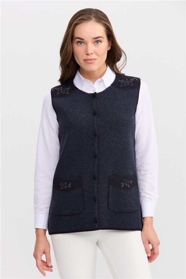 Женский жилет на пуговицах с круглым вырезом и карманом на плече с отделкой, темно синий