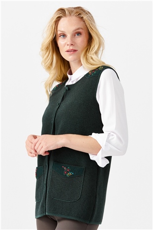 Женский жилет на пуговицах с круглым вырезом и карманом на плече с отделкой, зеленый