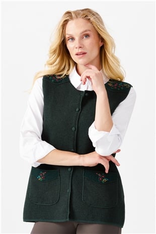 Женский жилет на пуговицах с круглым вырезом и карманом на плече с отделкой, зеленый
