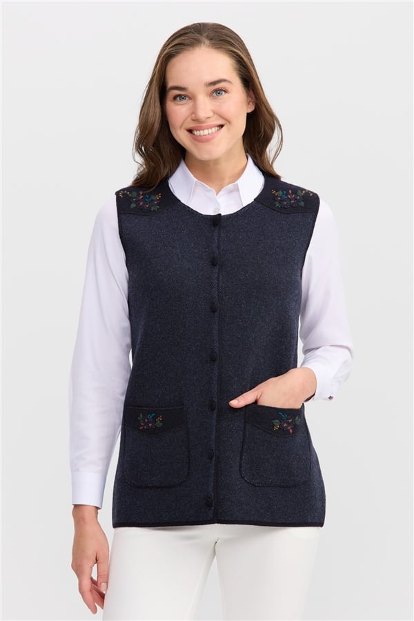 Женский жилет на пуговицах с круглым вырезом и карманом на плече с отделкой, темно синий