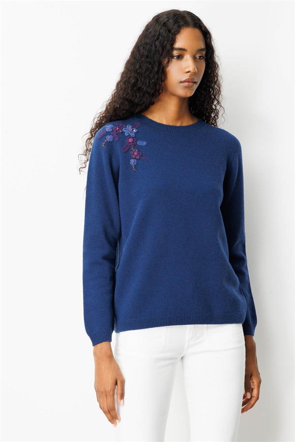 Kadın Sıfır Yaka Omuzu İşlemeli Yün Kazak İndigo