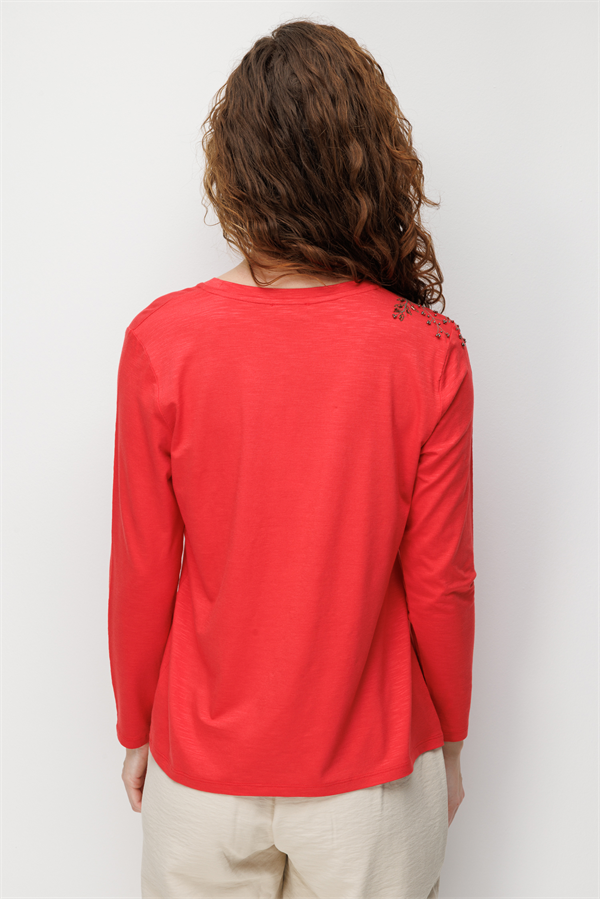 Kadın Sıfır Yaka Omuzu Nakış İşlemeli Penye Bluz Mercan