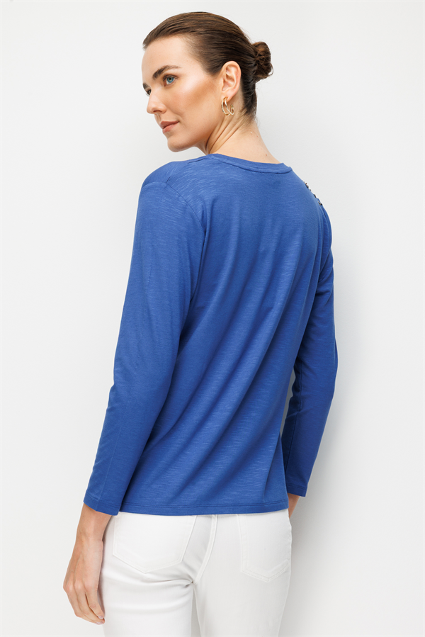 Kadın Sıfır Yaka Omuzu Nakış İşlemeli Penye Bluz İndigo
