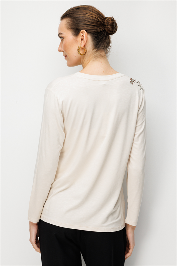 Kadın Sıfır Yaka Omuzu Nakış İşlemeli Penye Bluz Bej