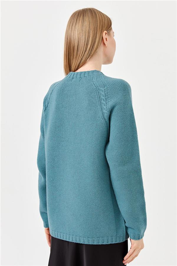 Женский шерстяной свитер с круглым вырезом и вязкой косичка M.ЗЕЛЕНЫЙ