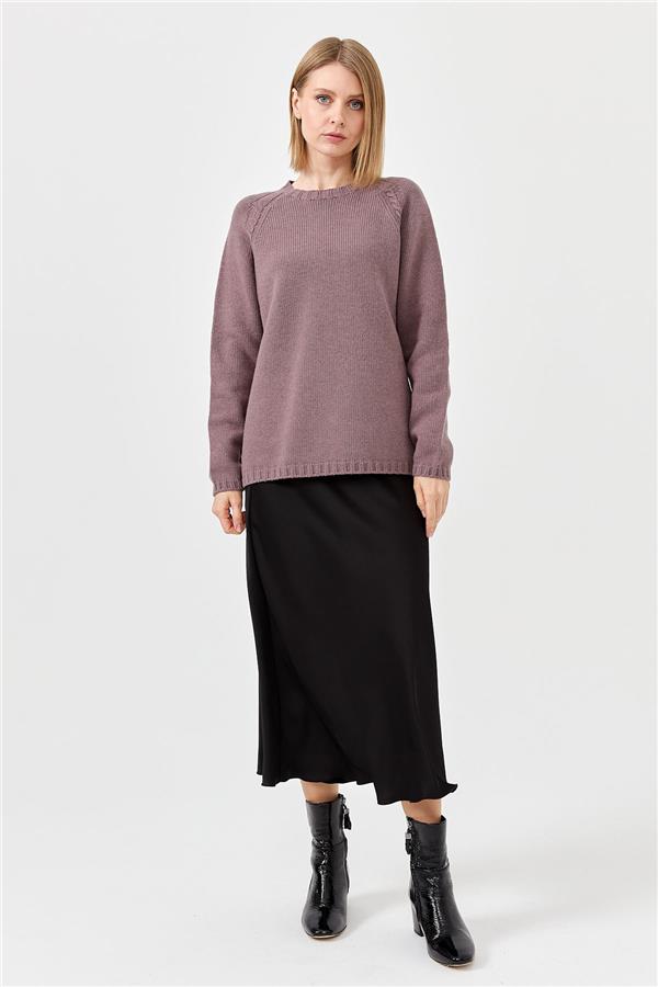 Женский шерстяной свитер с круглым вырезом и вязкой косичка Темная сушеная роза