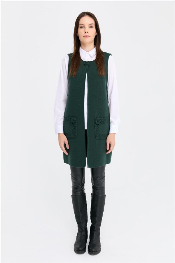 Kadın Sıfır Yaka Önü Açık Uzun Yün Yelek Yeşil