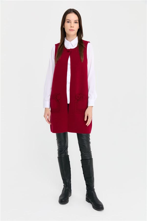 Kadın Sıfır Yaka Önü Açık Uzun Yün Yelek V.Çürüğü