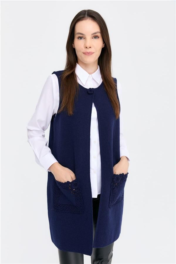 Kadın Sıfır Yaka Önü Açık Uzun Yün Yelek Y.A Lacivert