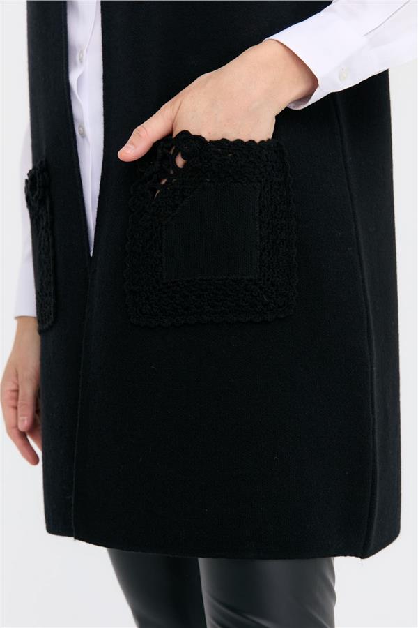 Kadın Sıfır Yaka Önü Açık Uzun Yün Yelek Siyah
